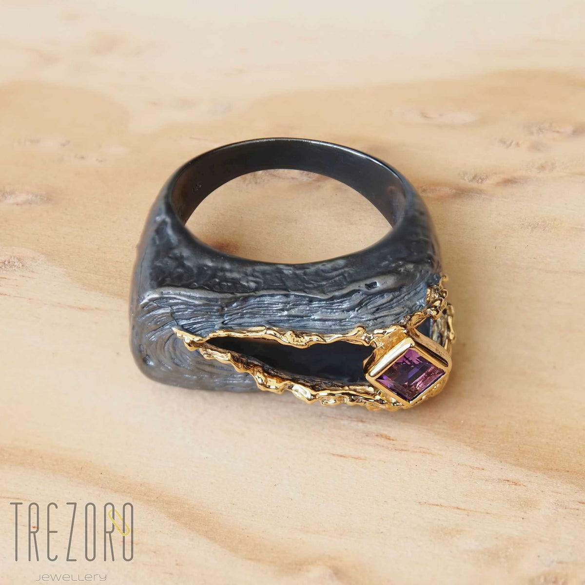 NEW amazing Surprise Ring. Oxidised and  Gold Plated Sterling Silver wih natural Amethyst. On wood 2.