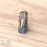 NEW amazing Surprise Ring. Oxidised and  Gold Plated Sterling Silver wih natural Amethyst. On wood 3.